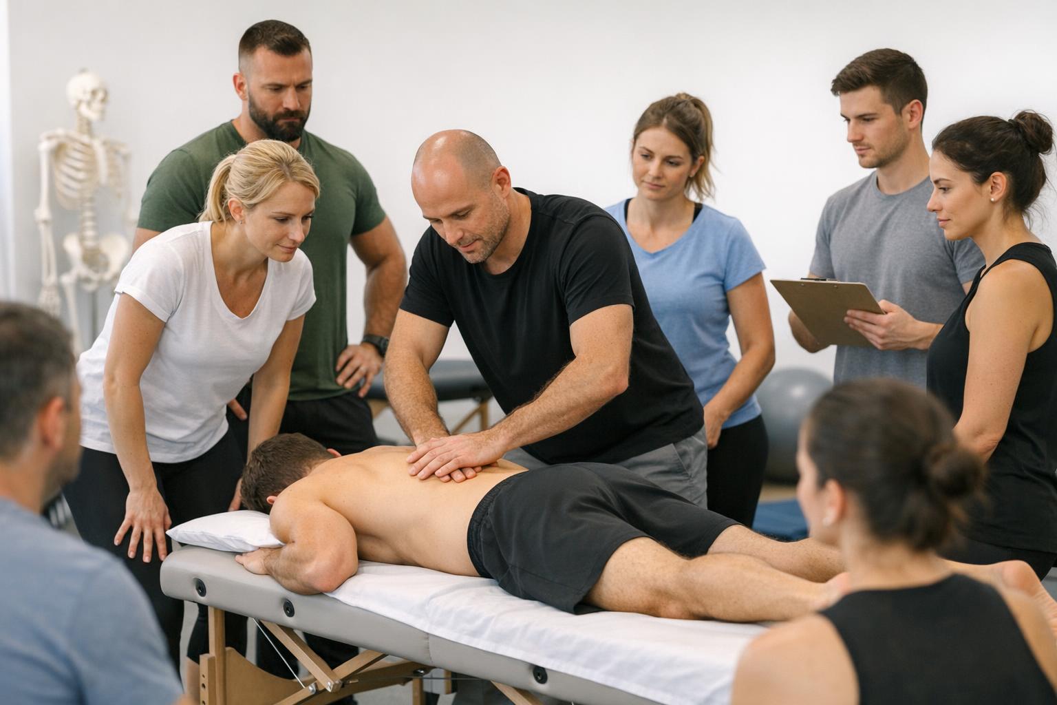Zdjęcie: grupa fizjoterapeutów podczas praktycznych zajęć na szkoleniu