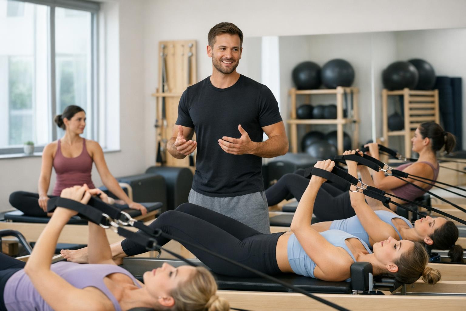instruktor prowadzi zajęcia pilates w studio