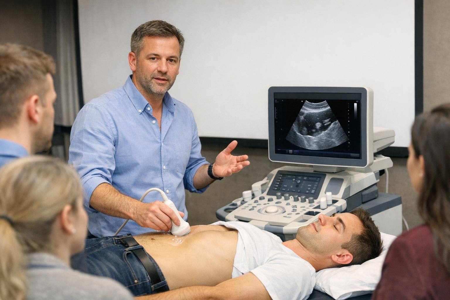 zdjęcie instruktora pokazującego badanie USG na modelu pacjenta podczas warsztatów