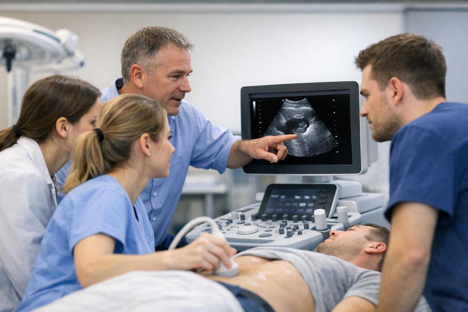 Zdjęcie przedstawiające grupę kursantów wykonujących badanie ultrasonograficzne pod okiem instruktora