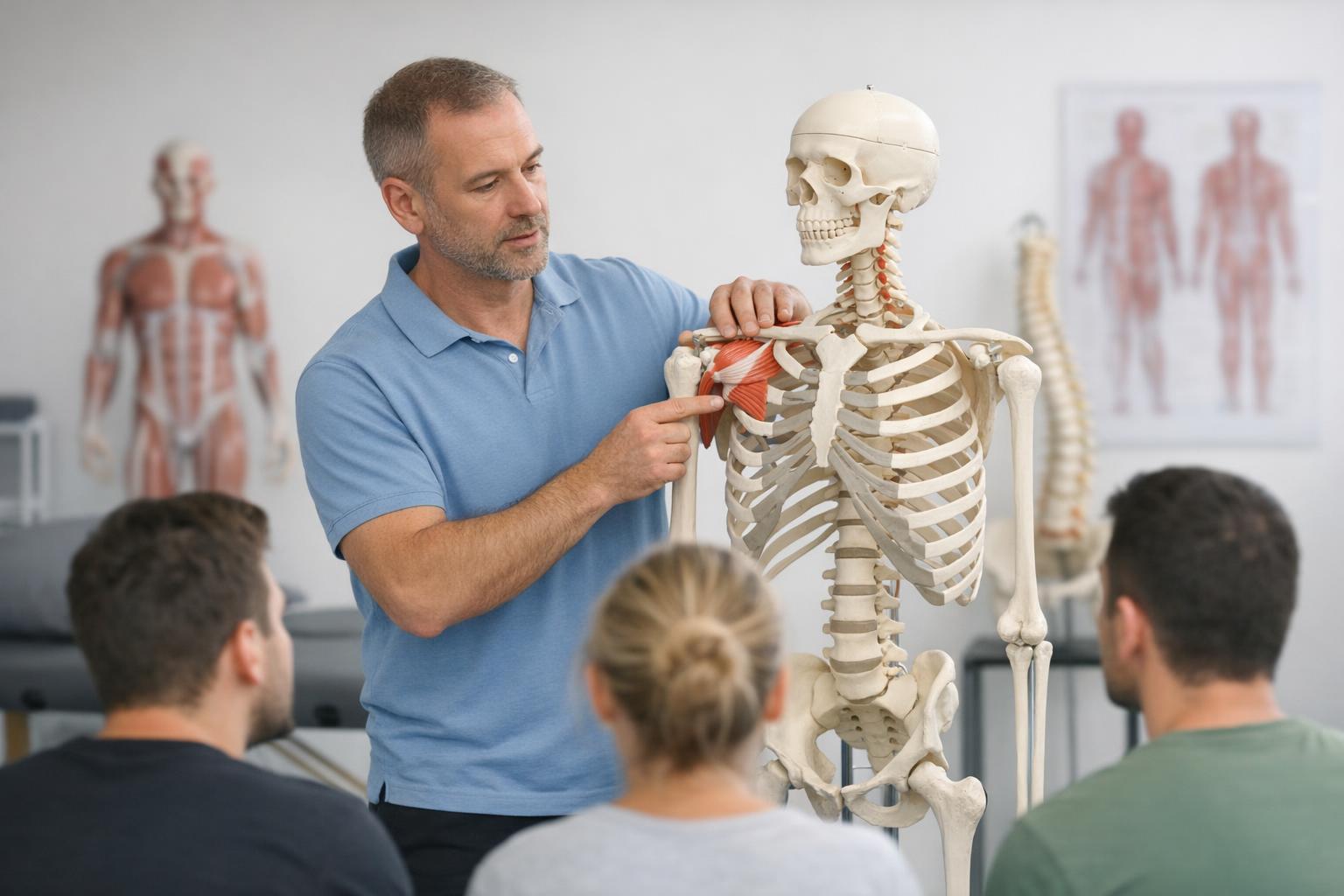 Zdjęcie: prowadzący kurs fizjoterapii pokazuje techniki na modelu anatomicznym
